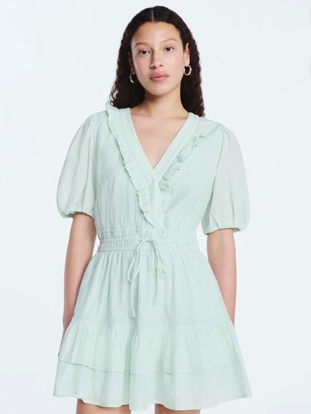 Free Assembly Mint Pistachio Ruffled V-Neck Cotton PinStripe Dress Size M Boho